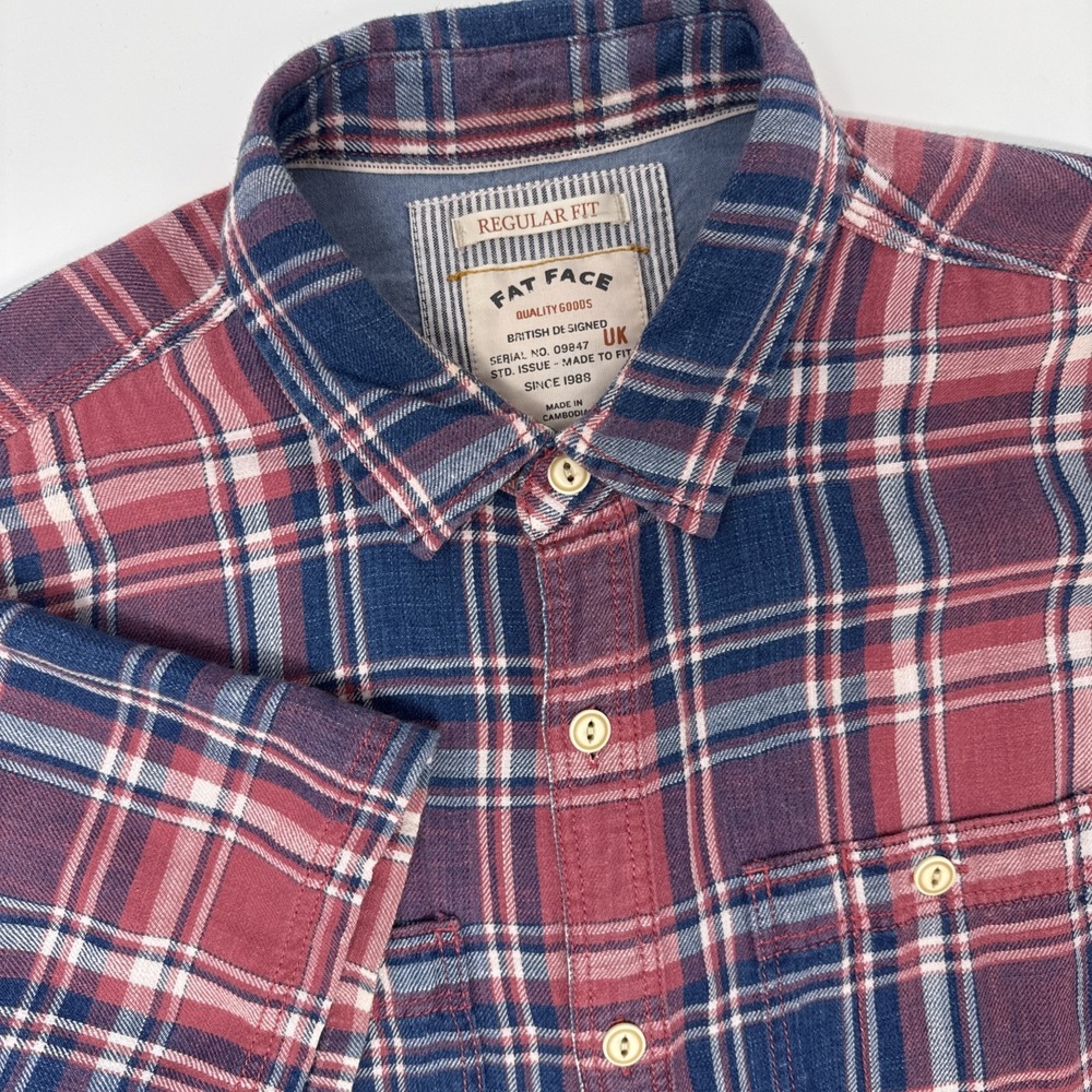 Fat Face Mens Regular Fit Plaid Short Sleeve Button Down Shirt Pink Blue Cotton